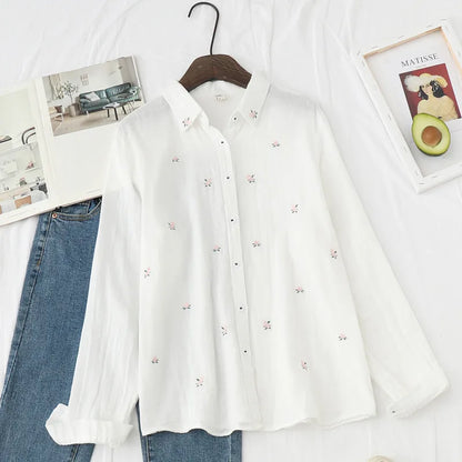 2026 Spring Autumn New Fresh Cotton Yarn Ladies Long Sleeve Shirt Flower Embroidered Women's Casual Shirt Female Blouse Clothes