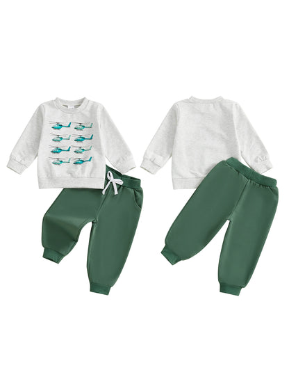 Baby 2Pcs Fall Outfits Long Sleeve Helicopter Print Sweatshirt Pants Set Kid Clothes