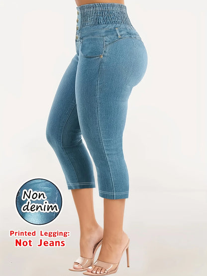 Women's Imitation Denim Leggings - Tight Yoga Stretch Pants - Women's Slim Printed Capri Pants - Stretch Non-sheer Trousers - We
