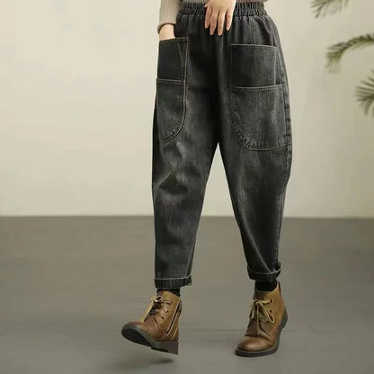 Spring Autumn New Women's Jeans Elastic Waist Loose Fit Slimming Casual