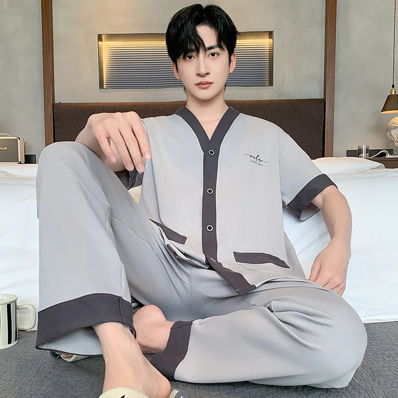 Men's Japanese Kimono Casual Fashion Solid Color Cardigan Loose Summer Short-Sleeved Pajamas with long pants Home Comfort Wear