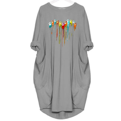 Women's Spring and Summer Footprint Heart Printed Casual Fashion Loose Large Size Long Sleeve Pocket Dress