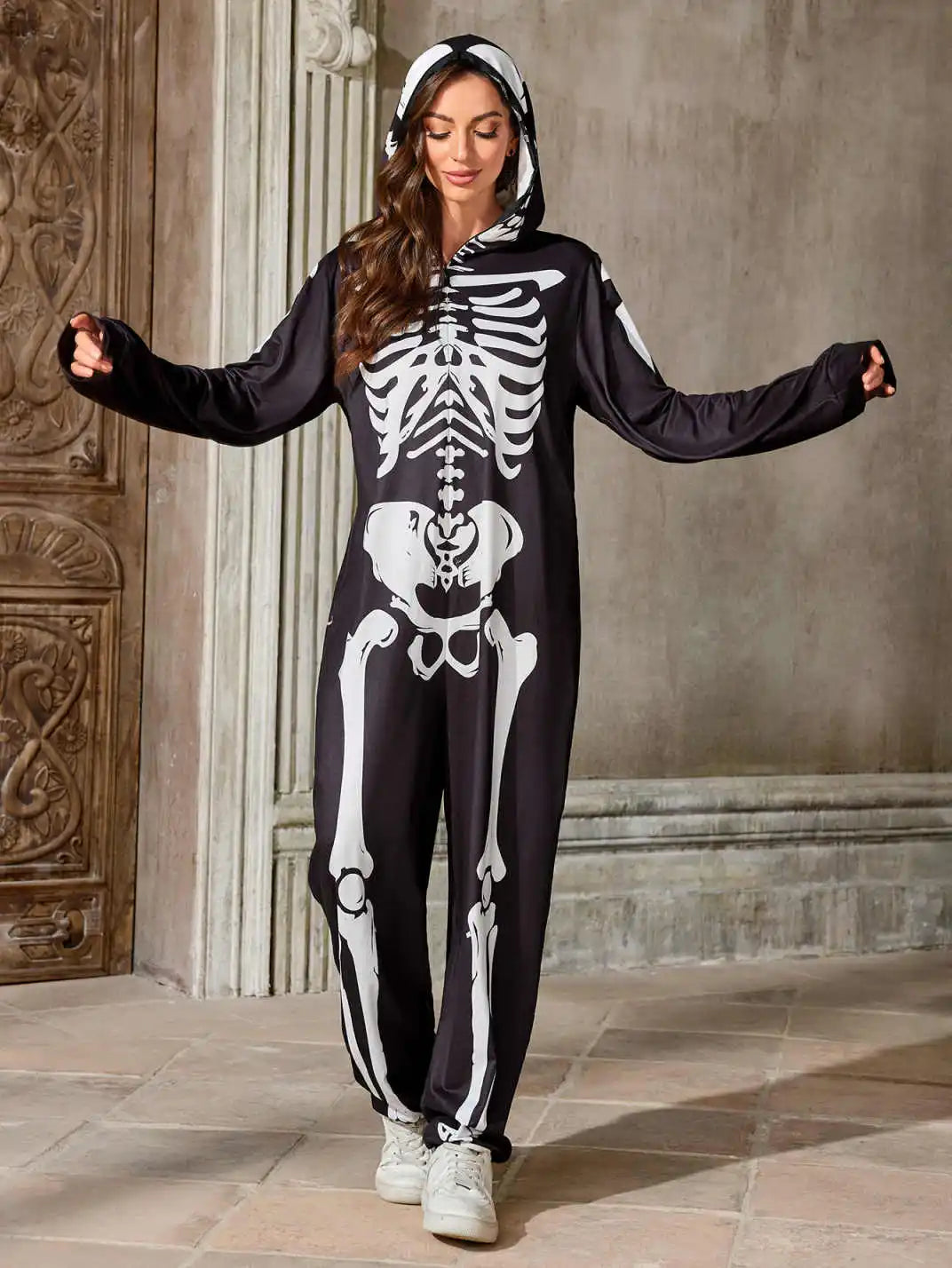Women Skeleton Halloween Costume Hooded Jumpsuit Full Bone Print Zipper Onesie Cosplay Party Fancy Dress Outfit