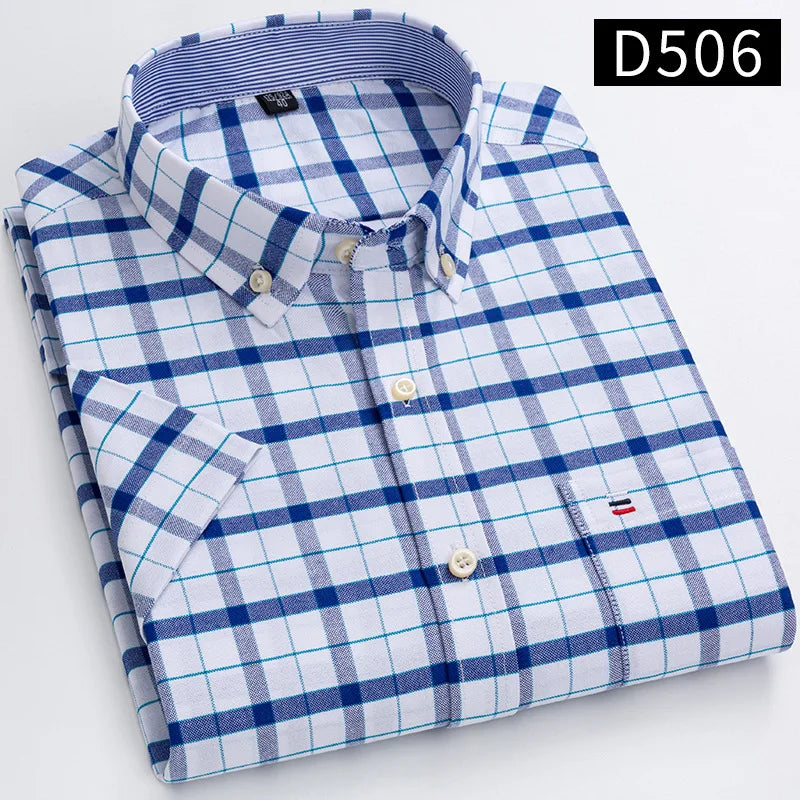 New Men's Social Shirt Short Sleeve 100% Pure Cotton Oxford Soft Buttoned Plaid Formal Male Clothes Pocket Social Shirt S-7XL