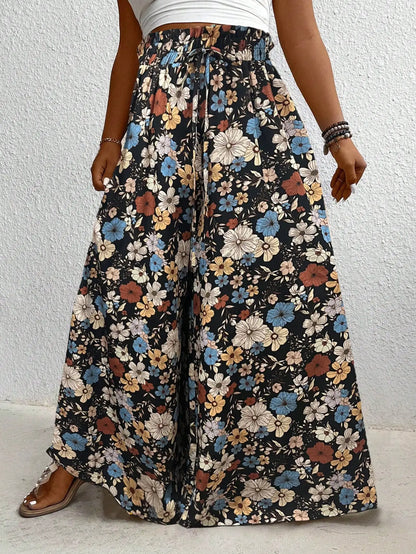 Plus Size Women's Clothing Loose Comfortable Casual Style Summer Printed Long Pants Elastic Waist Drawstring