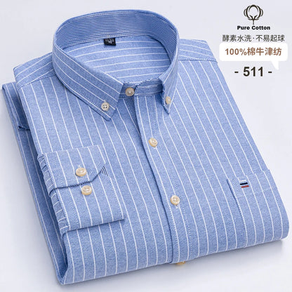 Men's Social Shirts Long Sleeve 100%Pure Cotton Oxford Buttoned Plaid Formal Male Casual Clothes Oversized Shirt Plus Size S-7XL