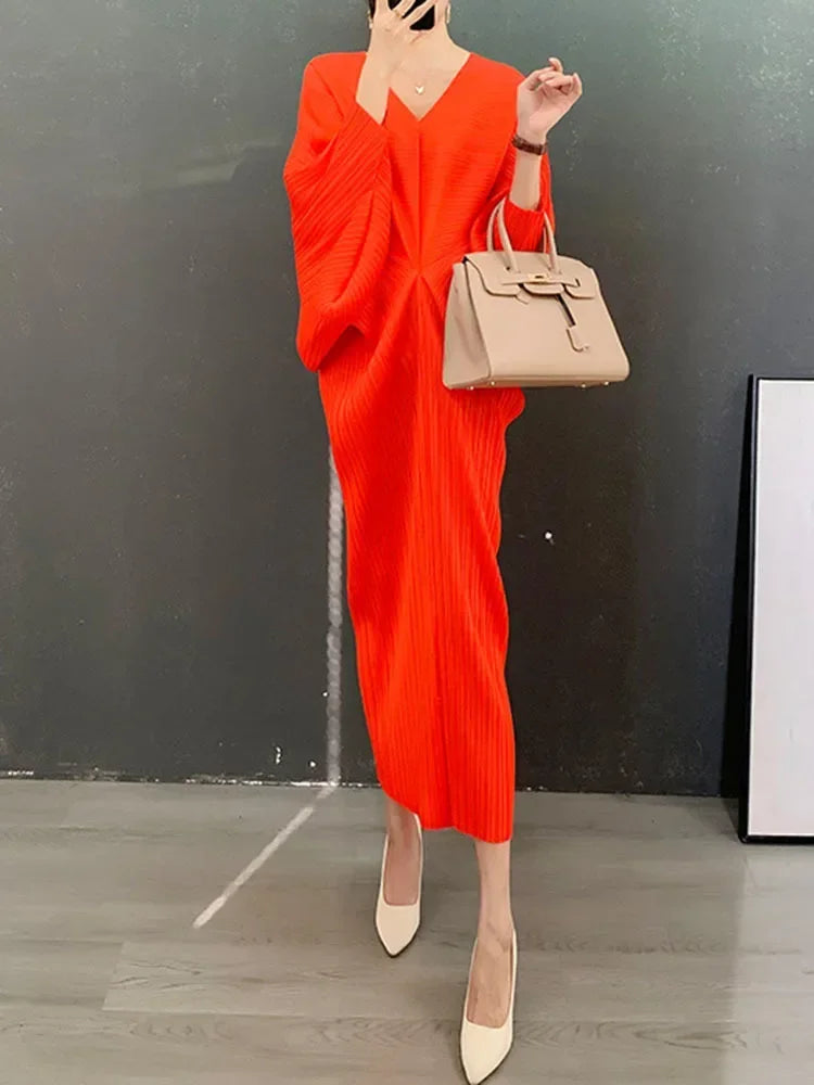 Fold Elegant Pleated V-neck Batwing Elastic Sleeve Mid-calf Dress Women Loose Solid Color 2025 Summer Female New Clothing