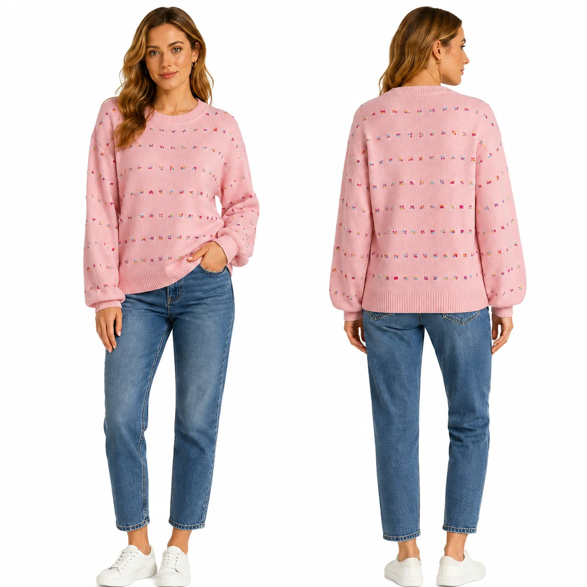 Women Colorful Confetti Dot Knit Sweater, Crew Neck Drop Shoulder Long Balloon Sleeve Loose Casual Pullover Sweater for Fall Winter Daily Streetwear