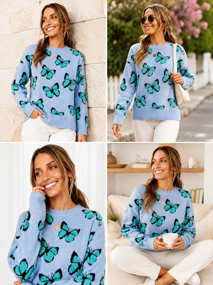 3D Flocking Butterfly Print Knit Sweater for Women Round Neck Drop Shoulder Long Sleeve Loose Pullover Casual Jumper Fall Winter Fashion Streetwear Tops