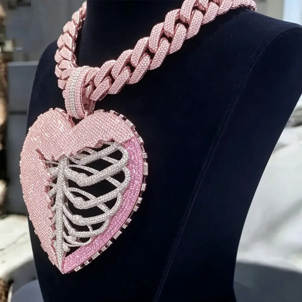Iced Out Synthesis Zircon Broken Heart Skeleton Pendant, Two Tone Hip Hop Necklace, Men's Bling Gothic Jewelry for Gift Unique