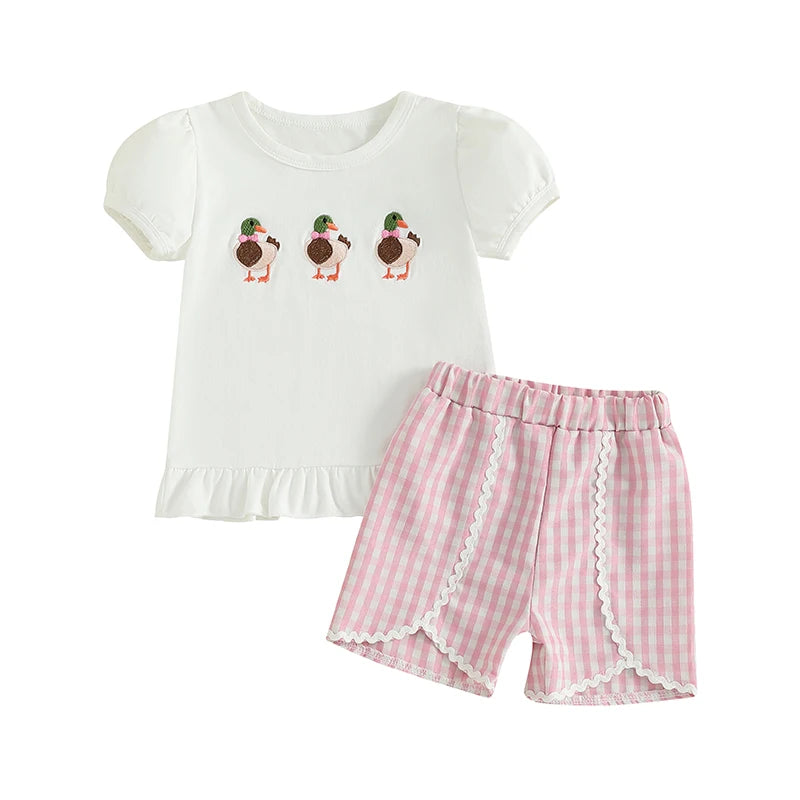 Girls Summer 2 Piece Outfits Sleeveless Floral Print Tops and Denim Shorts Sets with Bow Detail