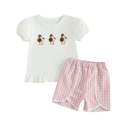 Girls Summer 2 Piece Outfits Sleeveless Floral Print Tops and Denim Shorts Sets with Bow Detail
