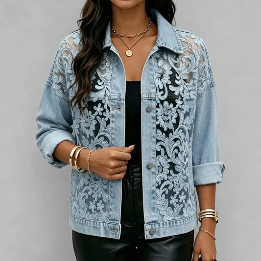 Women's See-Through Floral Lace Embroidered Patchwork Denim Long Sleeve Jacket Casual Streetwear Short Outerwear for Spring Fall