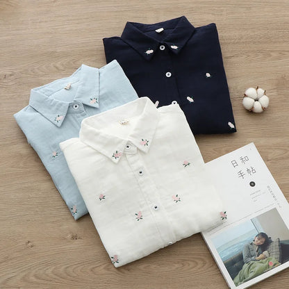 2026 Spring Autumn New Fresh Cotton Yarn Ladies Long Sleeve Shirt Flower Embroidered Women's Casual Shirt Female Blouse Clothes