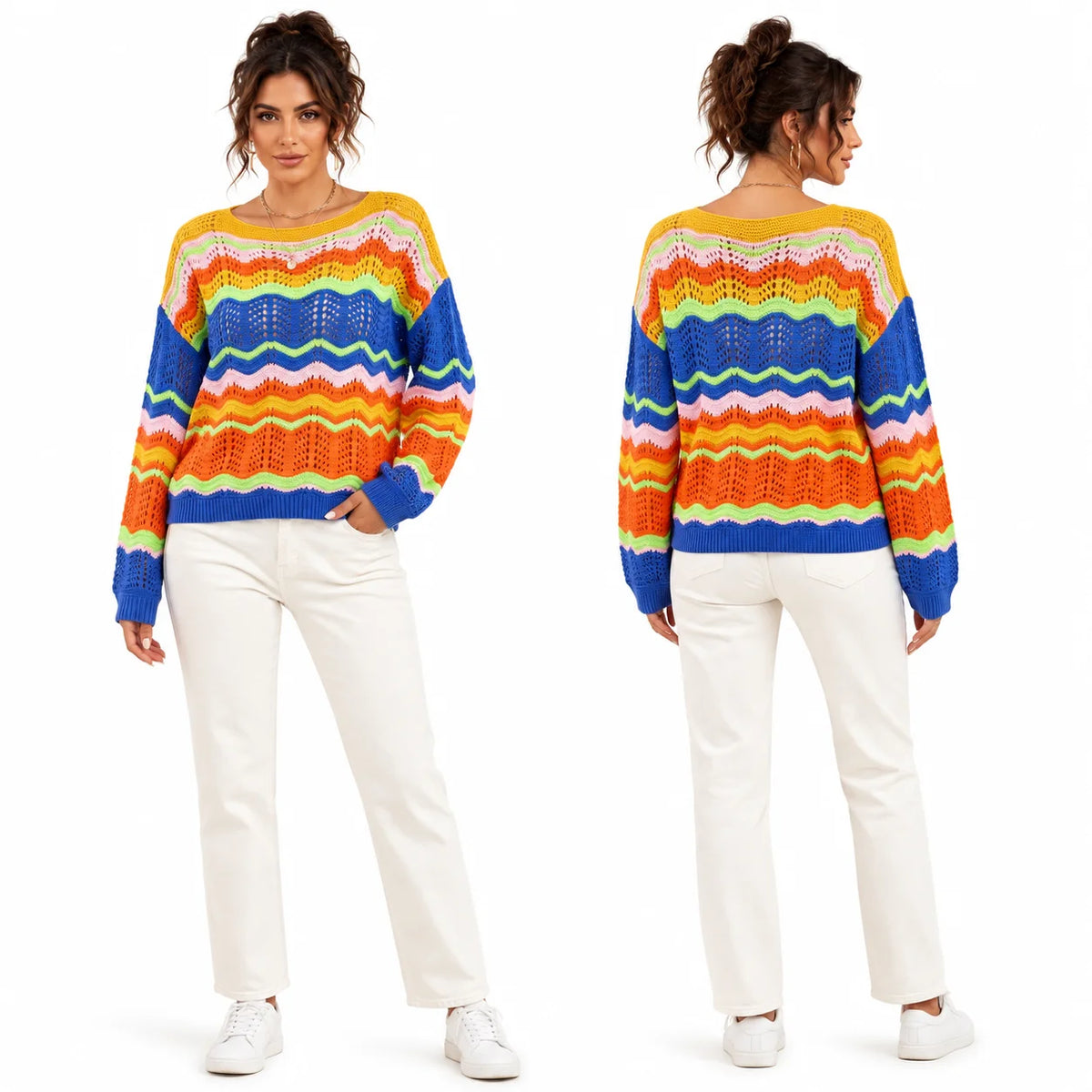 Colorful Wave Stripe Crochet Knit Sweater for Women, Hollow Out Long Sleeve Crewneck Loose Pullover Top, Y2K Retro Bohemian Sweater