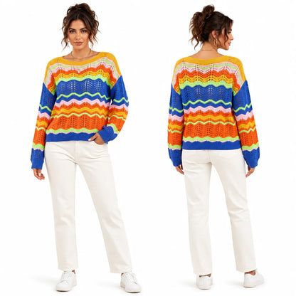 Colorful Wave Stripe Crochet Knit Sweater for Women, Hollow Out Long Sleeve Crewneck Loose Pullover Top, Y2K Retro Bohemian Sweater