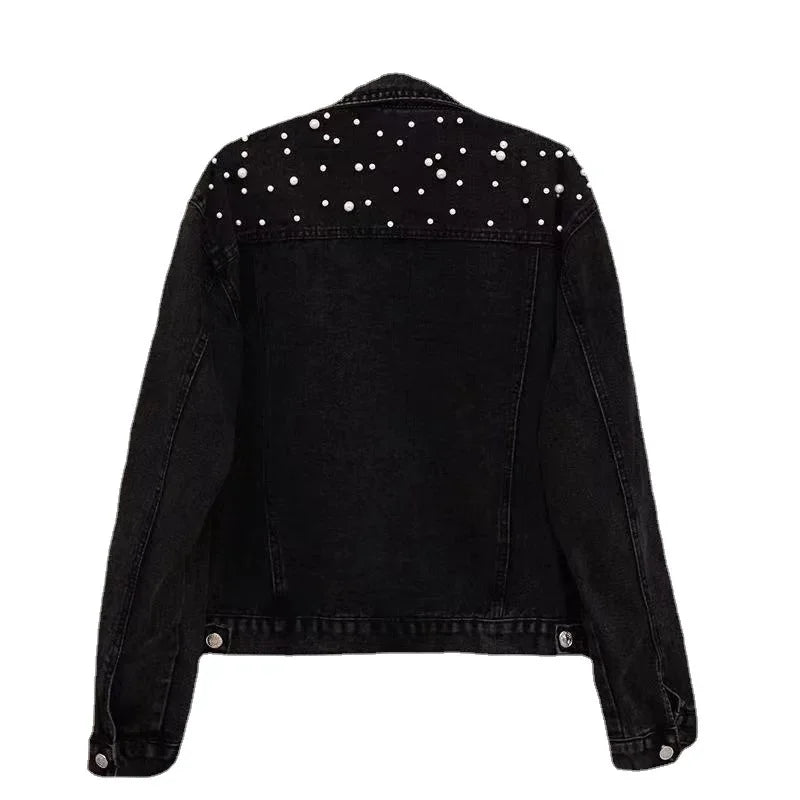 Blue Black Denim Jacket Woman Denim Coat Turn Down Collar Single Breasted Beaded Pearl Loose Casual Regular Short Jacket