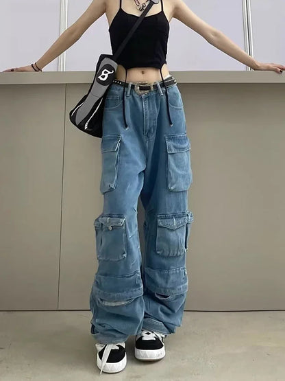 Y2K Cargo Jeans Women's Baggy Wide Leg Multi-Pocket Fashion Denim Pants Harajuku Streetwear Female Vintage Loose Casual Pants