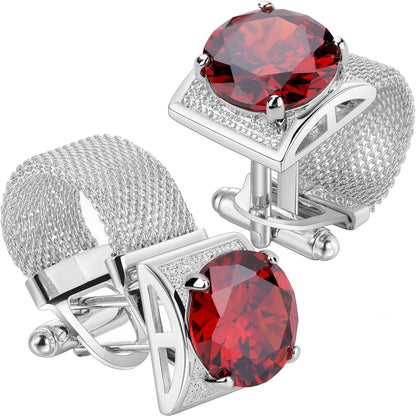 HAWSON Birthstone Crystal Cufflinks for Men Silver Luxury with Chain Wedding Birthday Christmas Gift