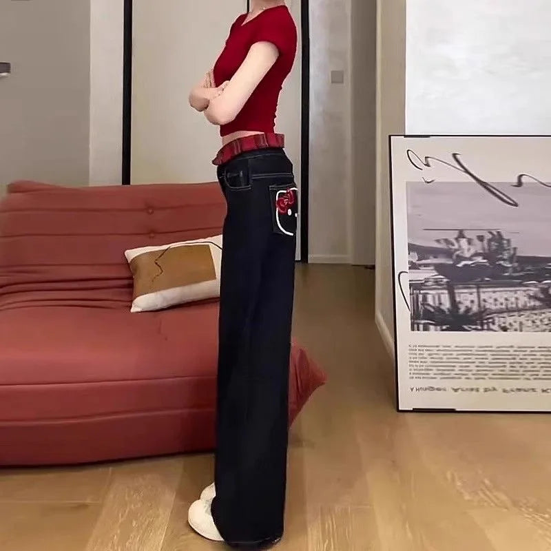 2025 New Long Jeans Sweet American Hot Girls Embroidered Jeans Cute Women's Black Straight High Waist Wide Legs