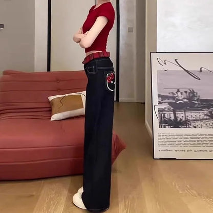 2025 New Long Jeans Sweet American Hot Girls Embroidered Jeans Cute Women's Black Straight High Waist Wide Legs