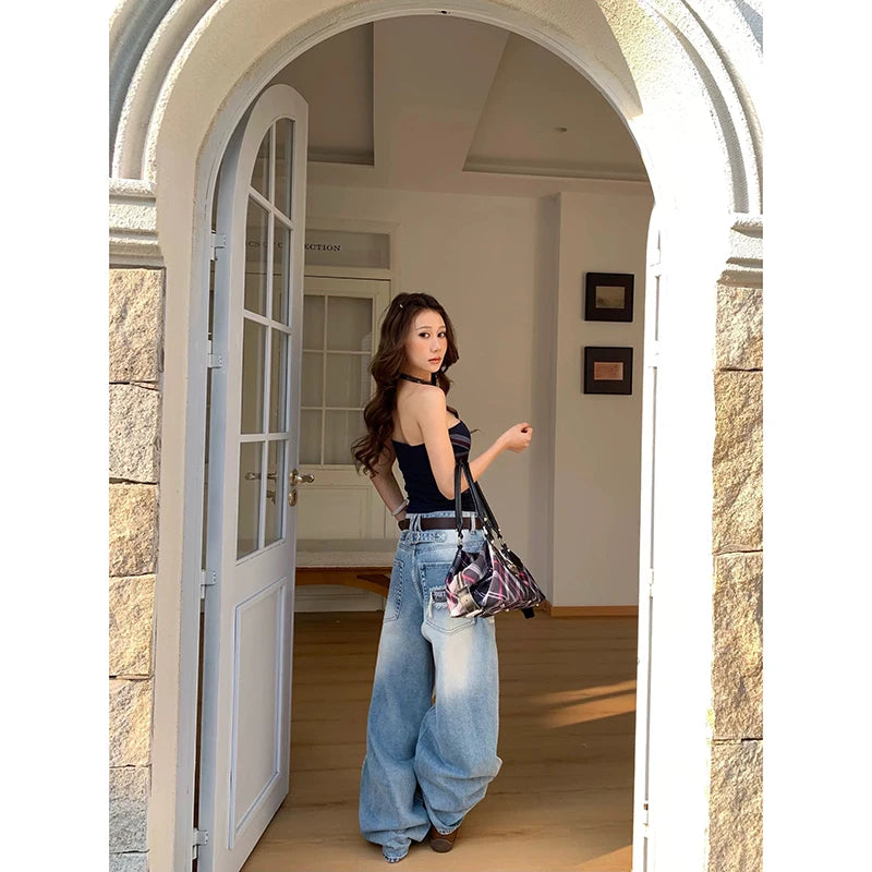 YIBASHU Women Blue Gothic Y2k Jeans Vintage 2000s Harajuku Jean Pants American Style Baggy Denim Trousers Alternative Clothes