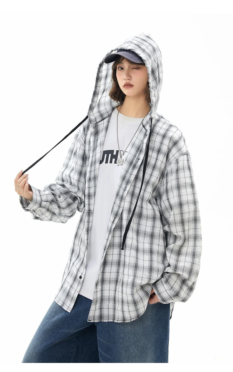 Unisex Oversized Hooded Flannel Style Plaid Mens Shirt Jacket Long Sleeve Button Down Casual Lightweight Jacket for Spring Fall
