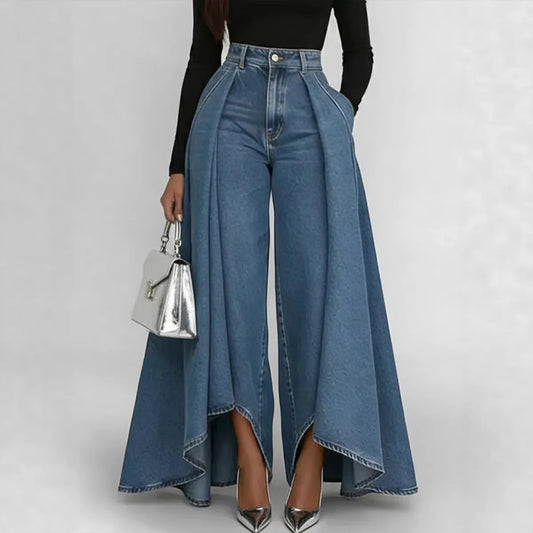 Women's High Waisted Wide Leg Jeans Overlay Flare Denim Pants With Pockets For Female High Street Elegant Fashionable Long Jeans