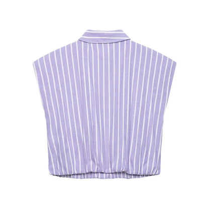 Women's Striped Short Shirts New 2026 Spring Summer Women Simple Sleeveless Puffed Hem Shirts & Blouses Female Chic Tops