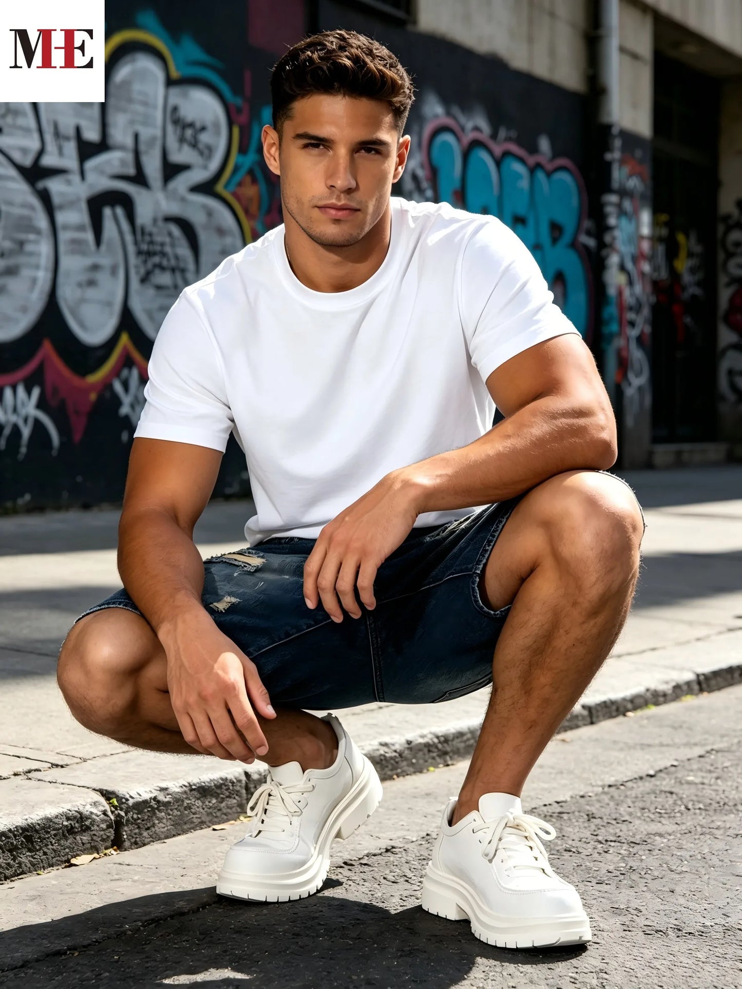 HME Loose Straight Denim Pants, Men's Vintage Knee Shorts with Unique Graffiti Artwork & Washed Denim Craft