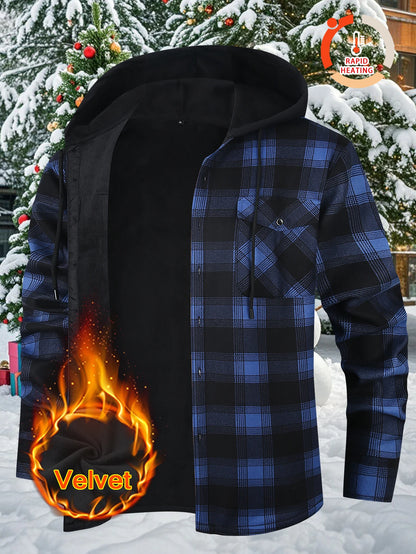 Men's Plaid Sherpa-Lined Hooded Jacket, 2025 New Winter Warm Fleece Loose Fit Long Sleeve Coat, Casual Outdoor Zip Up