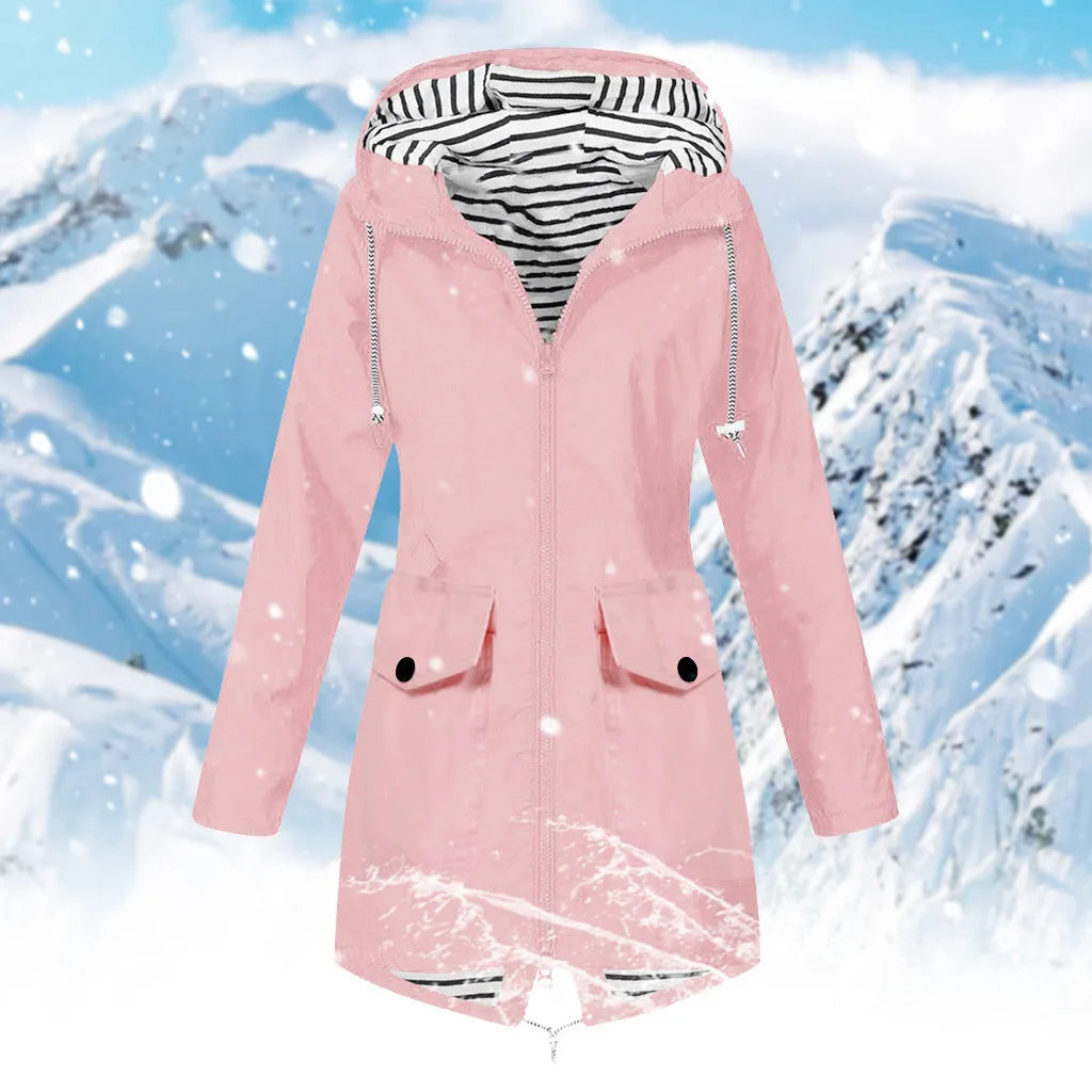 Waterproof Windproof Rain Jacket Womens Fall Winter Striped Lined Mid Length Rain Coat Long Sleeve Zip Up Overcoat Cold Weather