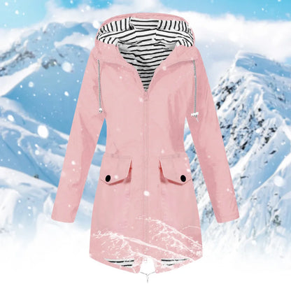Waterproof Windproof Rain Jacket Womens Fall Winter Striped Lined Mid Length Rain Coat Long Sleeve Zip Up Overcoat Cold Weather