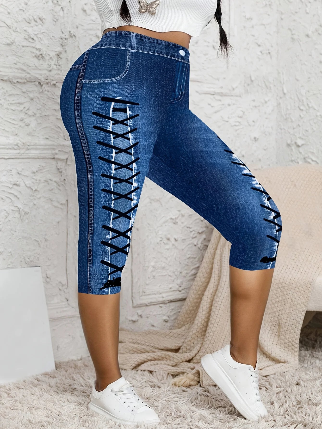Plus Size High Waist Biker Shorts, 3-Button Tummy Control Yoga Shorts, Faux Denim Jean Look Compression Cycling Shorts