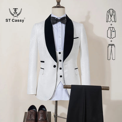 ST Cassy High Quality white party outfit for man luxury Retro carving Slim Fit Tuxedo Prom Suit Fashion Male Groom Wedding