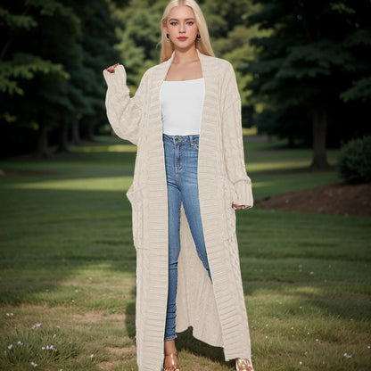 Women's solid-color textured drop-shoulder pocket long cardigan, a casual long-sleeved knitted garment suitable for autumn and winter,
