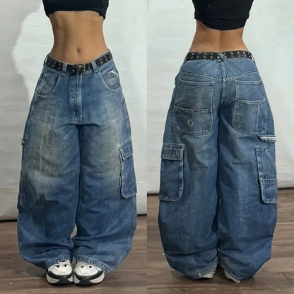 American New Fashion Geometric Pattern Embroidered Baggy Jeans Women Y2K Harajuku Vintage Hip-hop Popular Casual Wide-leg Pants