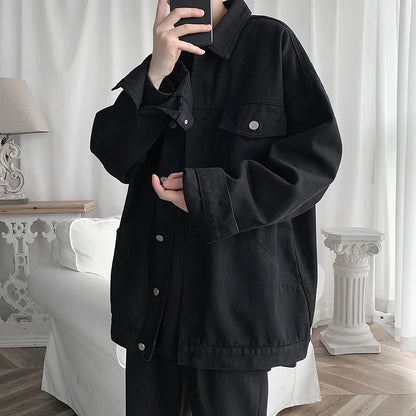 2026 New Steetwear Red Mens Jean Jackets Turn Down Collar Multi-pockets Denim Coats Overalls Loose Casual Men Clothing Outwear