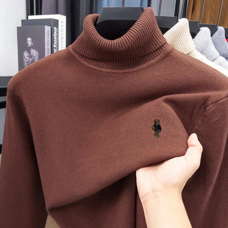 High-End Man Spring Long-Sleeved Knitwear Bear Print High Neck Hot Pullover Versatile Trend Leisure Warm Sweater Men's Clothing