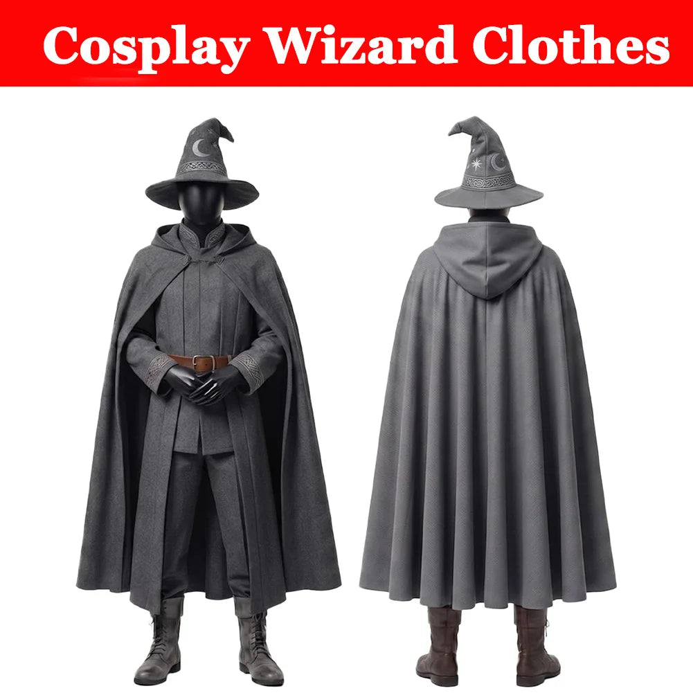 Cosplay Wizard Clothing Full Set Stage Uniform Shirt Pants Hat Cape Belt Costume Adult Men Performance Halloween Carnival Party