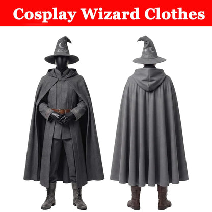 Cosplay Wizard Clothing Full Set Stage Uniform Shirt Pants Hat Cape Belt Costume Adult Men Performance Halloween Carnival Party