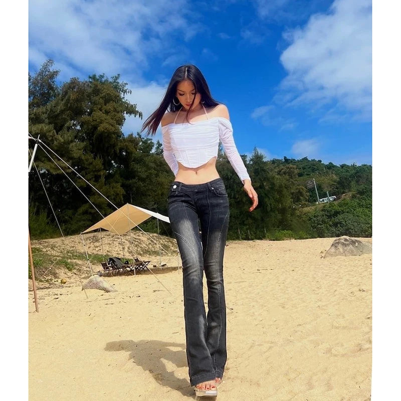 SHECI Karrram Vintage Distressed Low Waist Jeans Asymmetrical Waist Denim Pant Korean Fashion Black Flare Jeans Kpop Streetwear