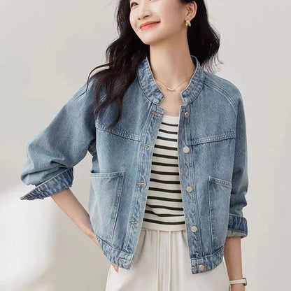 New Womens Retro Washed Denim Jacket Autumn Winter Standing Collar Basic Coat Fashion Female Casual Motorcycle Jacket Light Blue