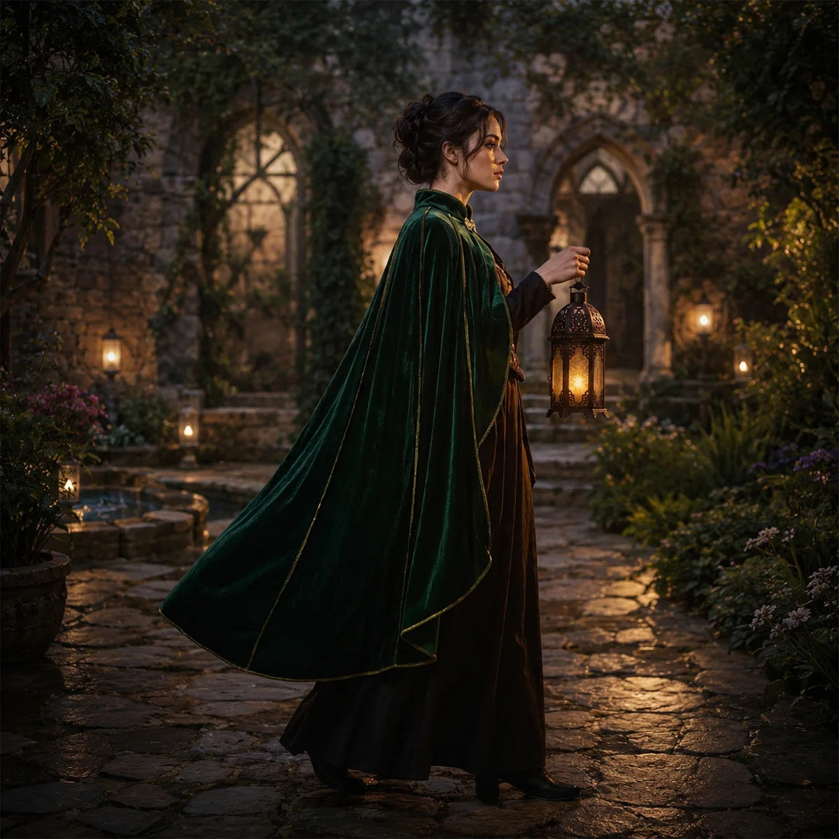 Women Medieval Cloak Adult Renaissance Victorian Deluxe Stand Collar Velvet Gold Trim Cape Halloween Cosplay