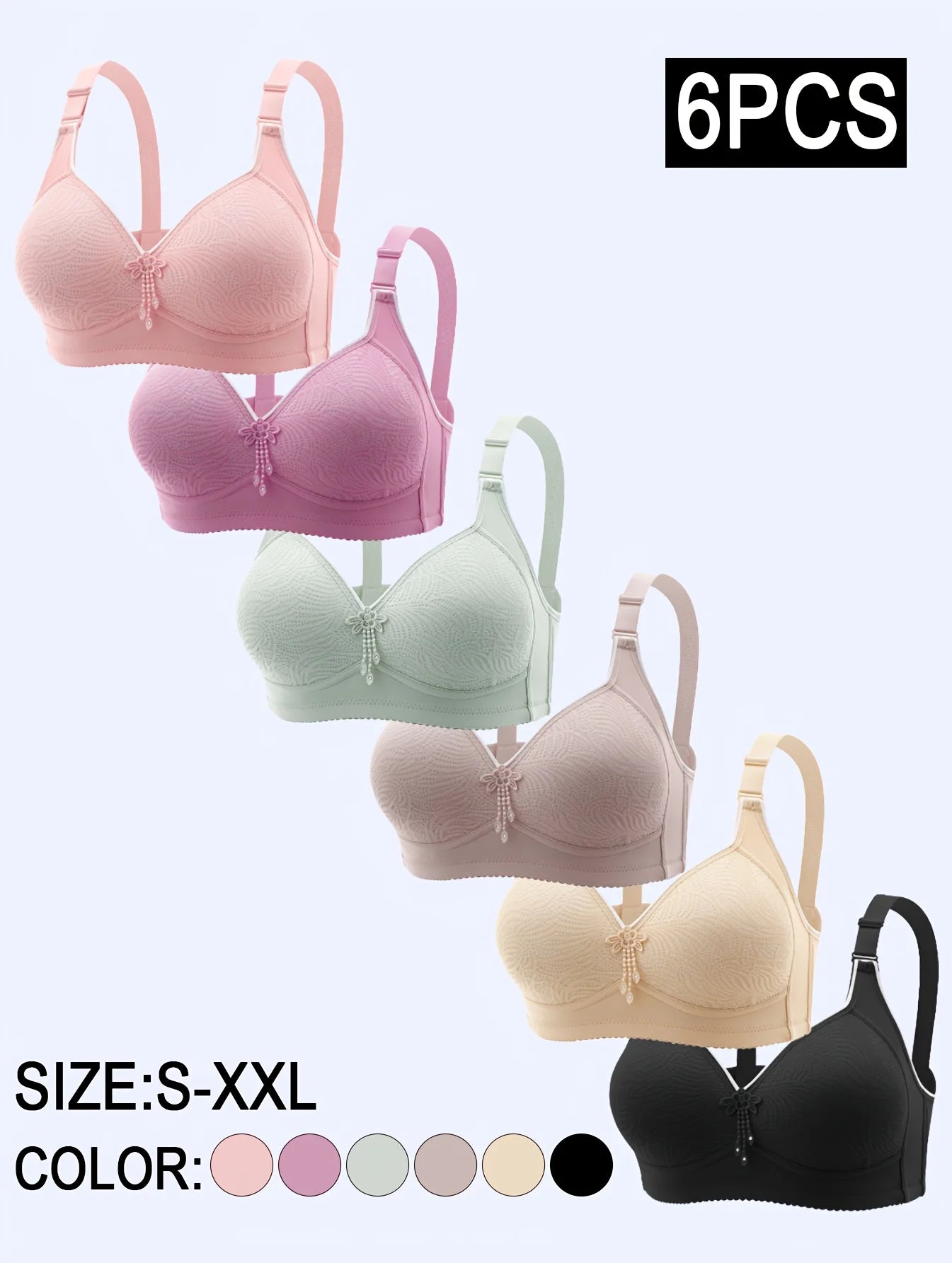 6pcs Seamless Tassel Decor Wireless Bra, Comfortable Push-Up Bra, - Adjustable Strap,