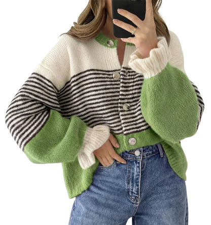 Womens Fall Striped Loose Cardigan Sweaters Ruffle Sleeve Button Up Color Block Sweater Coats