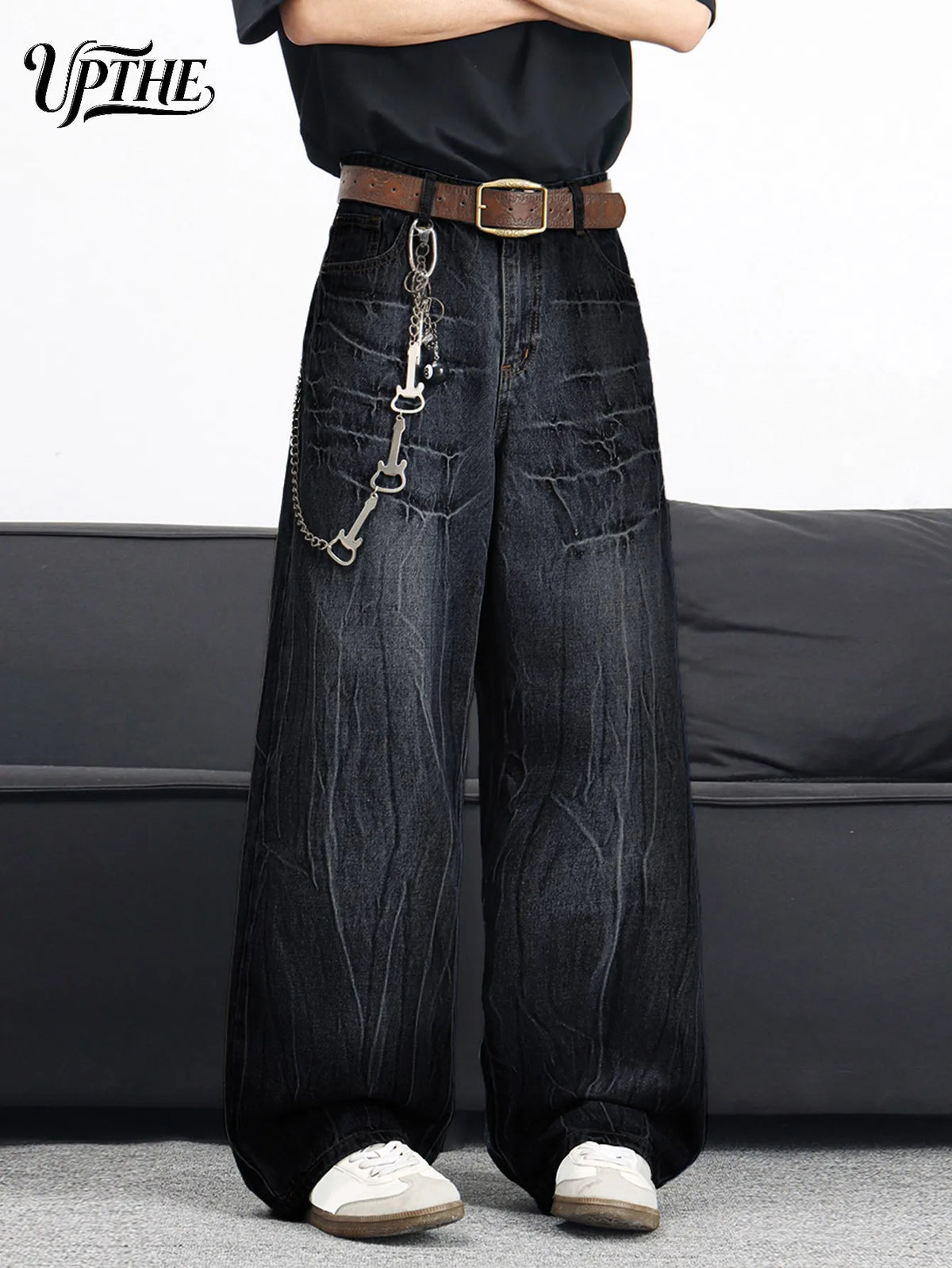 UP.THE Men Black Gradient Cracked Wash Baggy Wide Leg Jeans, Y2K Oversized Loose Distressed Denim Pants, Grunge Streetwear Trousers for Daily Outfits