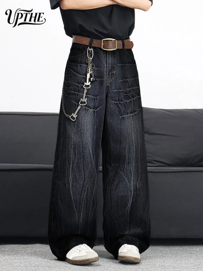 UP.THE Men Black Gradient Cracked Wash Baggy Wide Leg Jeans, Y2K Oversized Loose Distressed Denim Pants, Grunge Streetwear Trousers for Daily Outfits