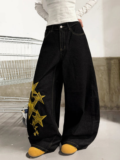 American Retro Star and Letter Embroidery Black Baggy Cocoon Pants Women
