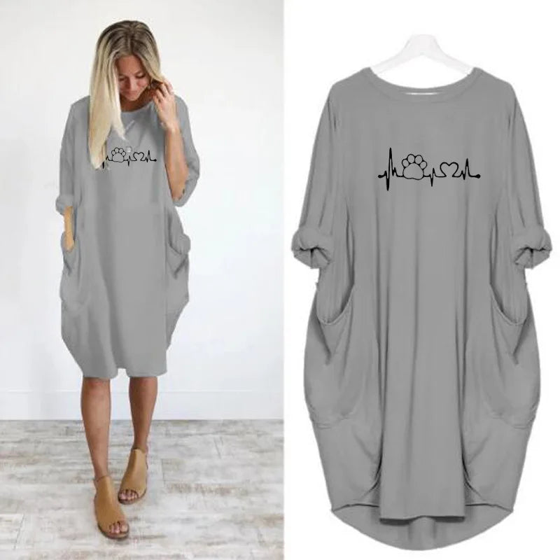 Women's Loose  Long Sleeved Summer Plus Size Dress Autumn  Winter Casual Round Neck Solid Color Long Sleeve Pocket Loose Pullove